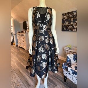 New York & Company black and Gold V-Neck A-Line Midi Dress